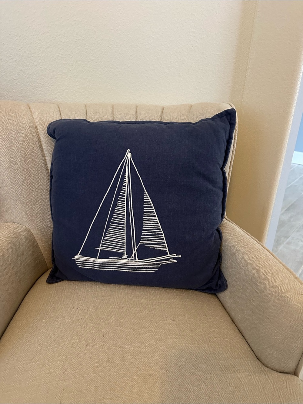 Navy Sailboat Decorative Throw Pillow - Coastal Accent